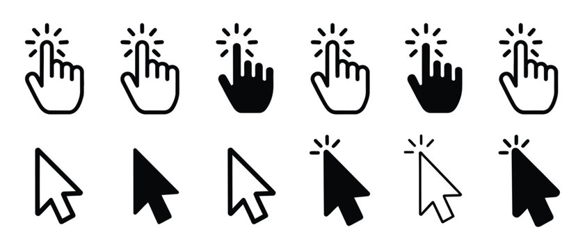 Transparent PNG available
Computer mouse click cursor arrow icons set. Clicking cursor. Hand cursors icons click set. Pointer click icon. Loading icon