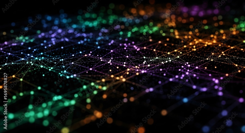 Poster dynamic digital network with connections and data flow in vibrant colors