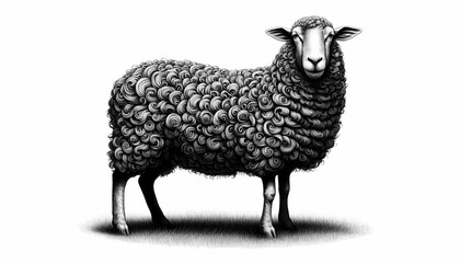 Detailed Sheep Illustration with Swirling Wool Texture on White Background