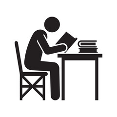 Fototapeta premium Studying Icon, Person Reading Book at Desk, Student Learning in Library, Education Silhouette Pictogram 