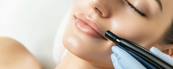A close-up of a woman's face undergoing a cosmetic procedure, highlighting smooth skin and a beauty device in use.