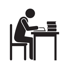 Fototapeta premium Studying Icon, Person Reading Book at Desk, Student Learning in Library, Education Silhouette Pictogram 