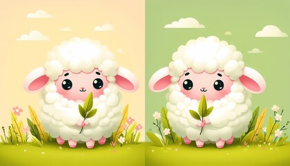 Obraz premium Kawaii sheep holding leaf illustration on split pastel background field