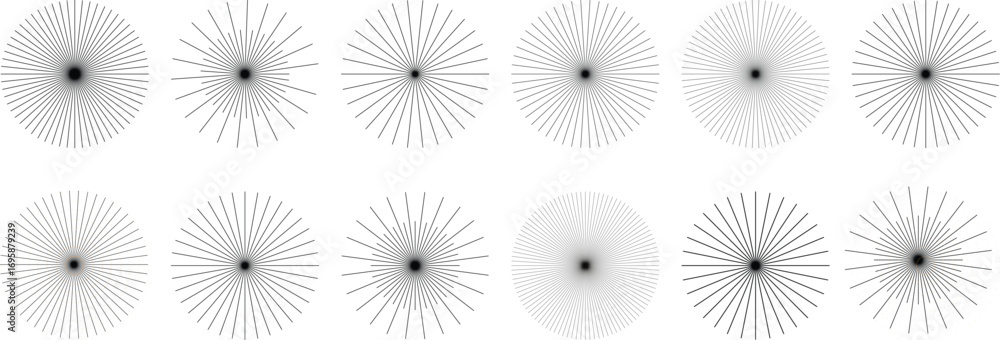 Poster abstract sunburst design elements - collection of radial line patterns for graphic design, backgroun