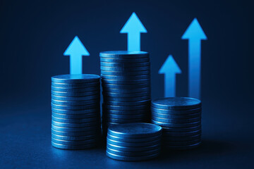 Stacks of coins illuminated with blue ambient light and rising arrow shapes in background, symbolizing financial growth, investment success, and economic progress