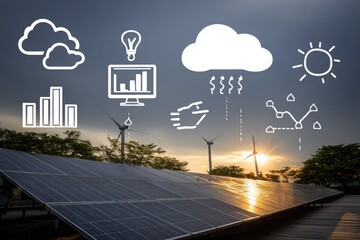 Solar panels and wind turbines, overlaid with icons representing renewable energy data and concepts, at sunset