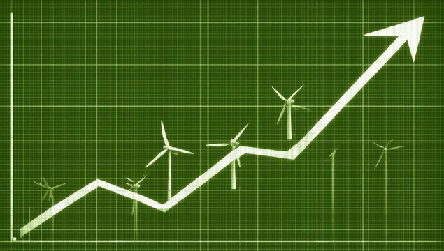 Green chart with upward trend, wind turbines - Powered by Adobe