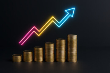 Financial growth and investment concept illustrated by stacked gold coin columns and glowing upward arrow on black background symbolizing success and progress