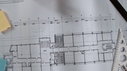 Detailed Architectural Blueprint with Measurement Lines and Tools