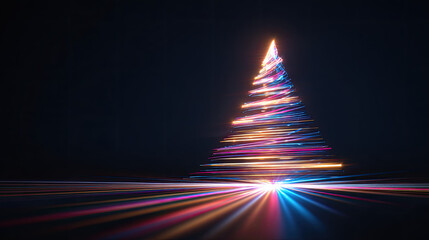 Abstract Christmas tree created with colorful holographic light trails on dark background.