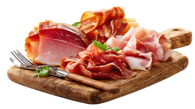 Set of Parma Ham Prosciutto Fermented Processed Cured Meat on Transparent Background