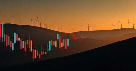 Colorful candlestick chart overlaid on a landscape of wind turbines at sunset