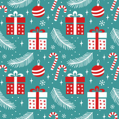 Seamless Christmas Pattern With Gifts, Candy Canes, Ornaments and Fir Branches