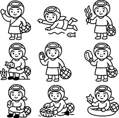 Haenyeo Diver Vector Icon Set – Minimal Monoline Style