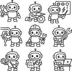 Robot Maintenance Vector Icon Set – Monoline Style