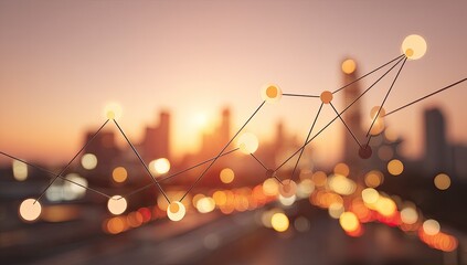 Abstract graph lines over a blurred city sunset