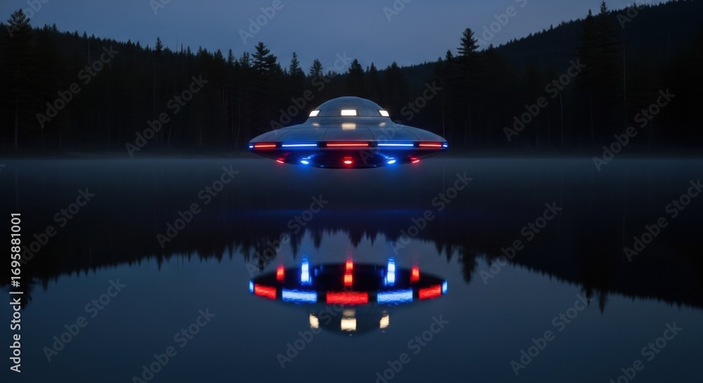 Poster unidentified flying object hovering over dark lake. alien saucer with bright lights reflecting in st
