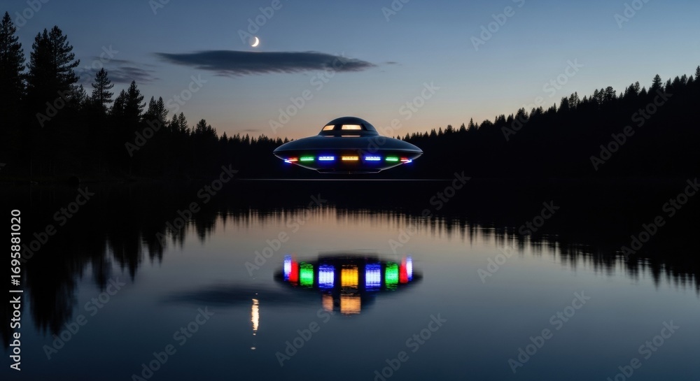 Aufkleber alien spaceship hovering quietly above lake at night. ufo with colorful lights. mystery of flying ob