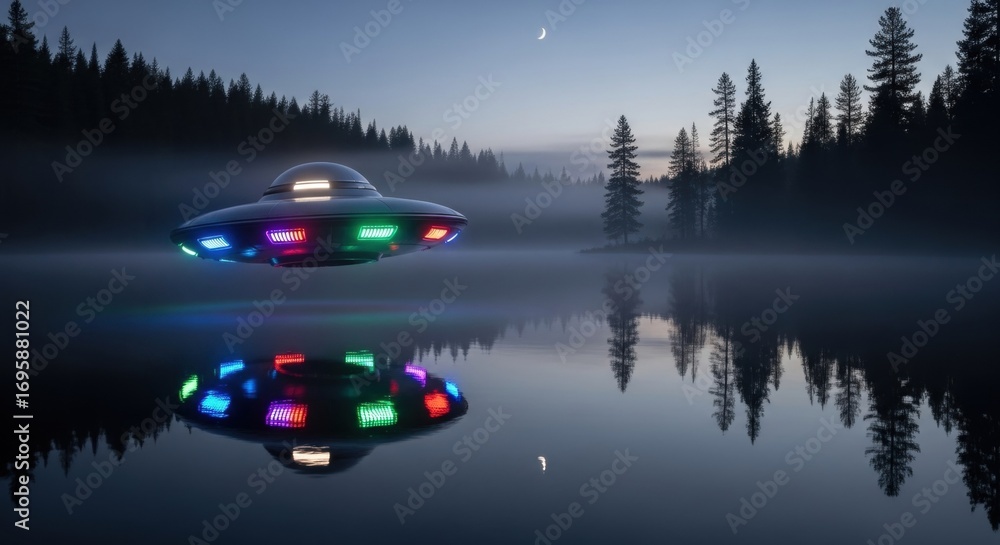 Aufkleber unidentified flying object with colorful lights hovering over calm lake at dusk in foggy pine forest