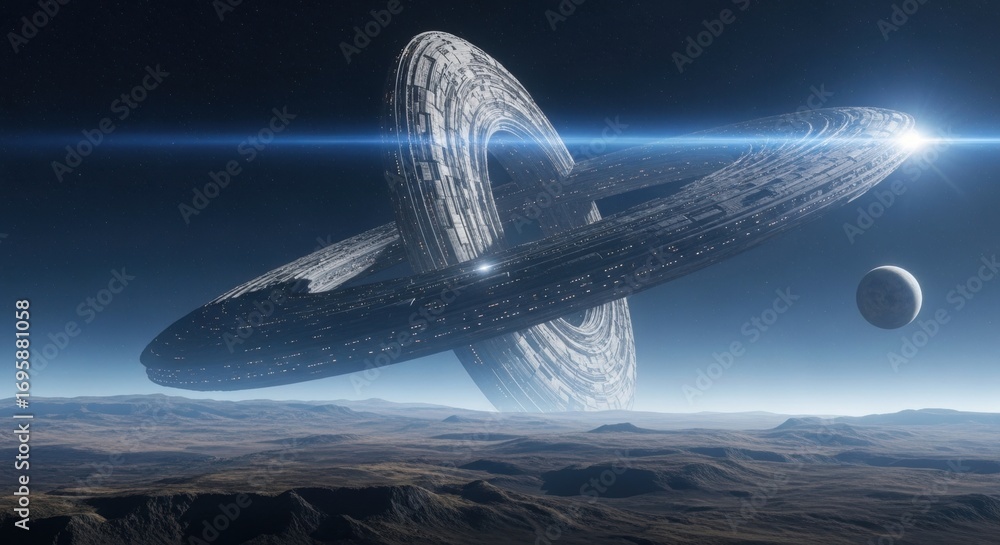 Poster massive alien spacecraft orbiting an unknown desert planet with a glowing light. concept of sci-fi c