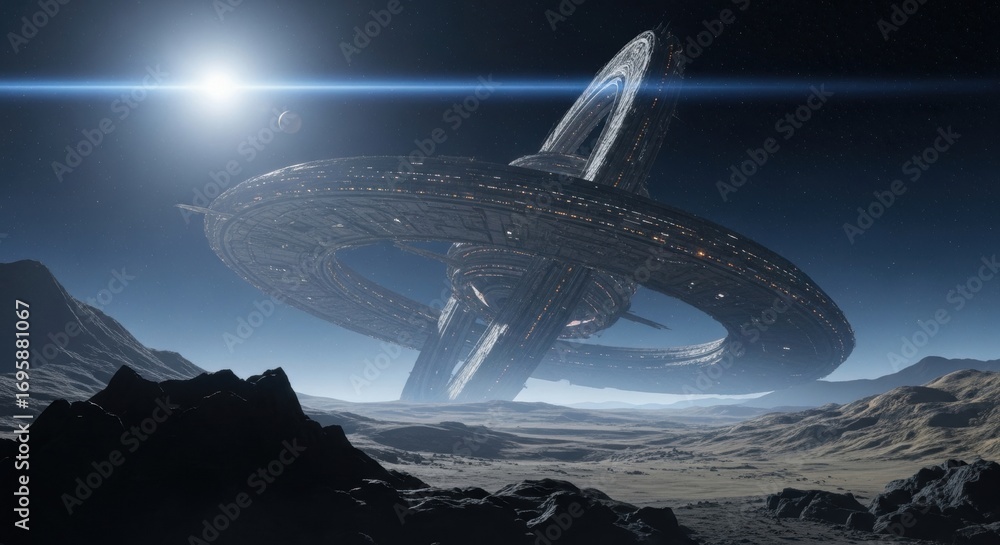 Poster alien spaceship hovering above an unknown planet. extraterrestrial spacecraft in space. science fict