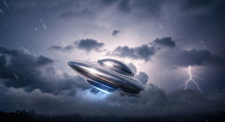Obraz premium Unidentified flying object (UFO) with shiny metallic surface soaring through a stormy sky with lightning and rain. Alien spacecraft over a dark landscape.