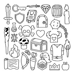 Hand drawn fantasy RPG items set with sword, treasure chest, crown, potion, torch, bow, shield and elements in doodle sketch style.