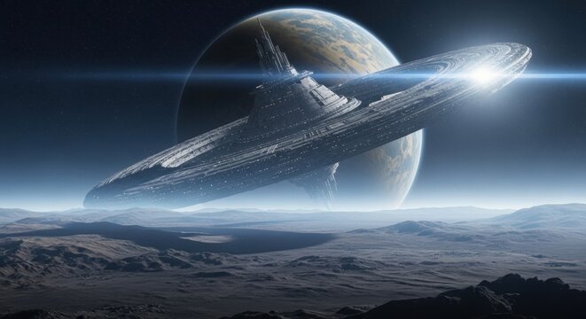 Giant space station orbiting alien planet. Extraterrestrial spaceship arrival mystery. Science fiction fantasy illustration for cosmic exploration.