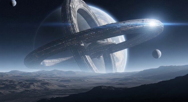 Giant alien ring world megastructure orbiting a planet in deep space. Science fiction concept of extraterrestrial civilization or future space colony.