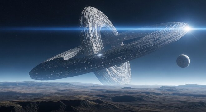 Massive alien spacecraft orbiting an unknown desert planet with a glowing light. Concept of sci-fi colonization, deep space exploration. - Powered by Adobe