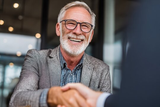 Smiling mature man shakes hands wearing glasses, sport coat and patterned shirt. Good for business deals, partnerships, agreements, and collaborative ventures.