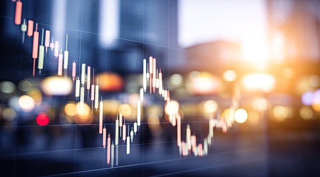 Financial chart overlaid on a blurred cityscape at night