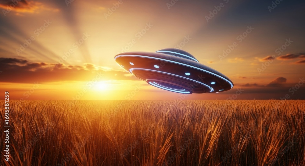 Poster unidentified flying object hovering over a golden wheat field at sunset. extraterrestrial spaceship 