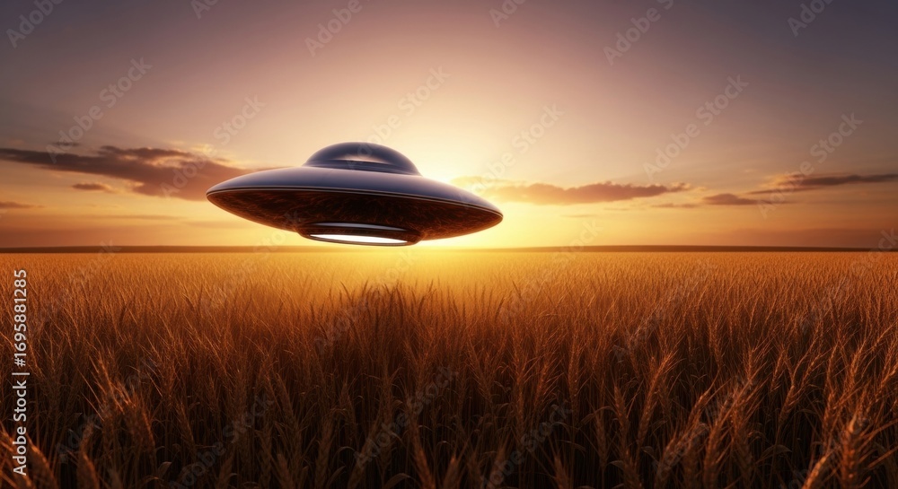 Poster unidentified flying object hovering over a golden wheat field at sunset. extraterrestrial encounter 