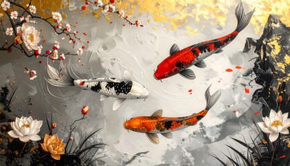錦鯉と金箔の和風アート 背景デザイン
