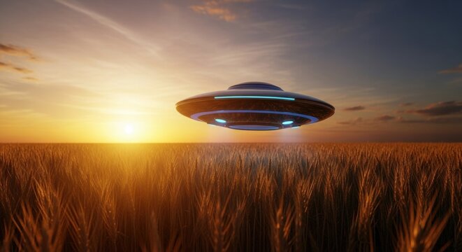 Unidentified flying object hovers over wheat field at sunset. Extraterrestrial spaceship arrival or alien visitation concept. UFO mystery.