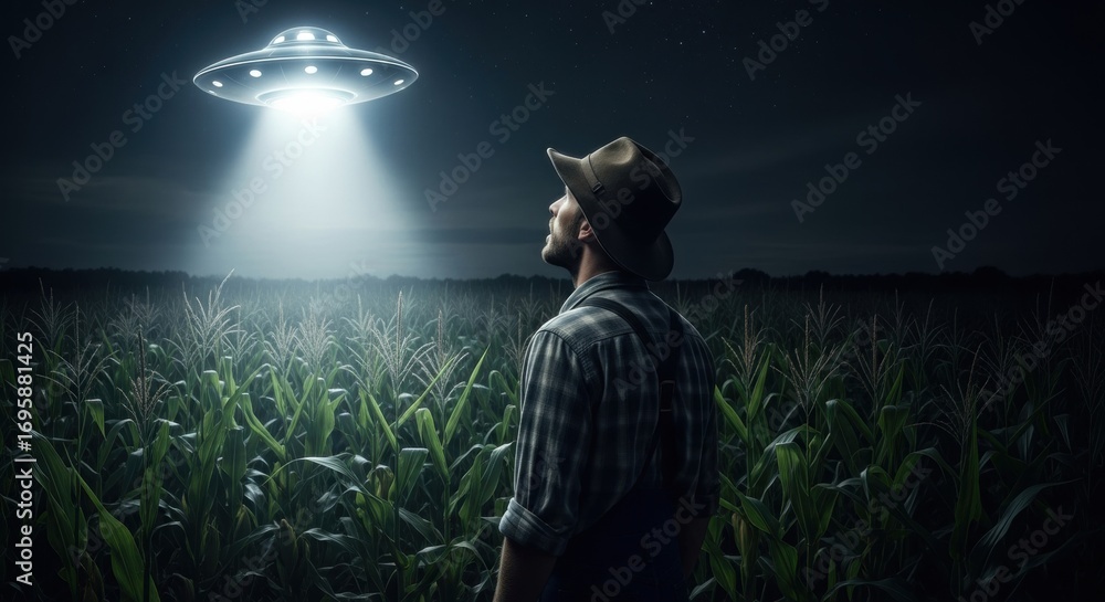Poster man in a cornfield looking up at a bright ufo. alien abduction concept with mysterious light beam fr