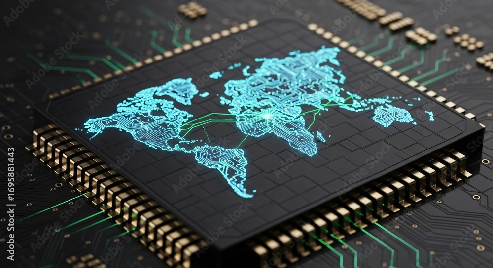 Aufkleber global digital technology and data transfer across the world map circuit board