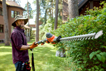 Gardener trimming hedges with electric trimmer in a residential garden