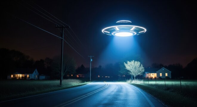 Alien spaceship hovering over a rural road at night emitting a bright blue light beam. UFO abduction and sci-fi concept.