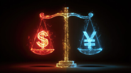 Polygonal glowing dollar and yen currency on an illuminated balance scale.