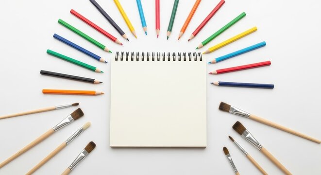 Art Supplies: Blank Notebook, Colored Pencils, and Paintbrushes on White Background