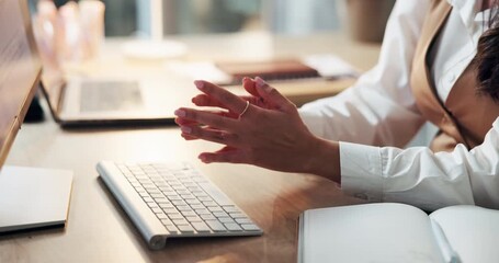 Hands, explain and business woman with video call, online seminar or upskill workshop with discussion. Person, computer with keyboard and gesture for virtual coaching or corporate training webinar - Powered by Adobe