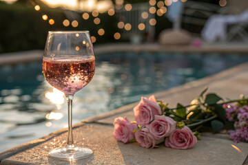Pink Rose Wine by Poolside: Sparkling Drink with Floral Bokeh
