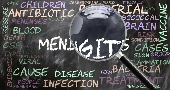 Meningitis being studied, examined - under close inspection. Most important subjects and ideas closely related to meningitis written on a blackboard inspected by a magnifying glass. Can be looped