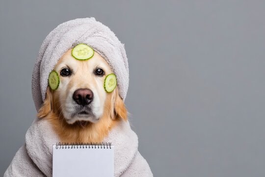 A golden retriever dog with cucumber slices on its face and a towel on its head holding a notepad
