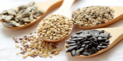 Assortment of seeds on wooden spoons, perfect for health and culinary purposes.
