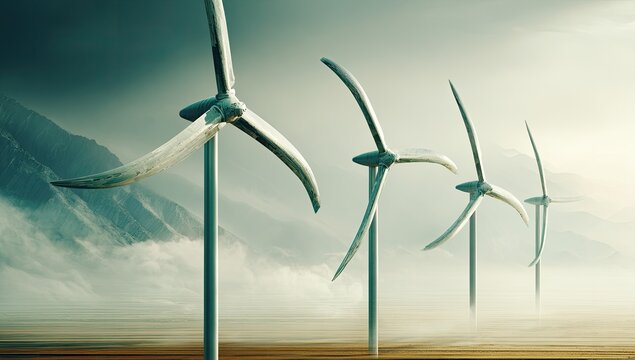 Wind turbines in a misty desert landscape