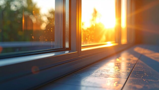 Sunlit triple glazed unit edge with spacer line clean tones wallpaper background representing architectural glass detail suitable for modern product design