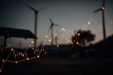 Blurry image of wind turbines and solar panels with a golden graph overlaid